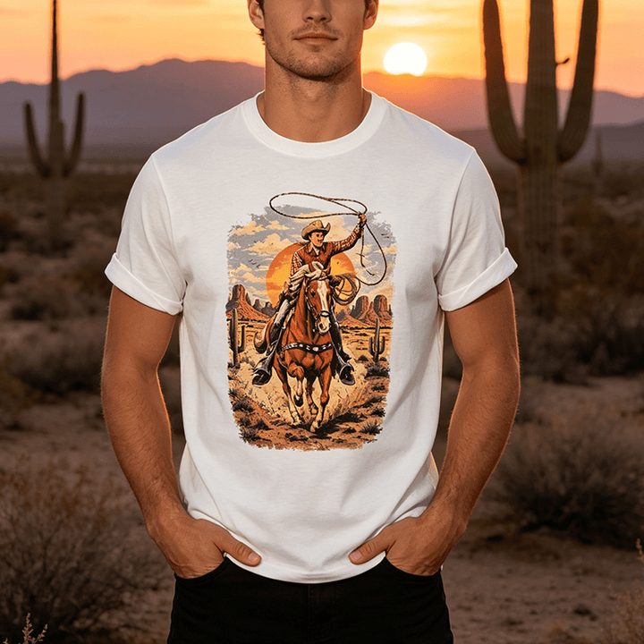T-shirt imprimé graphique Sunset Desert Cowboy Lasso - image 0
