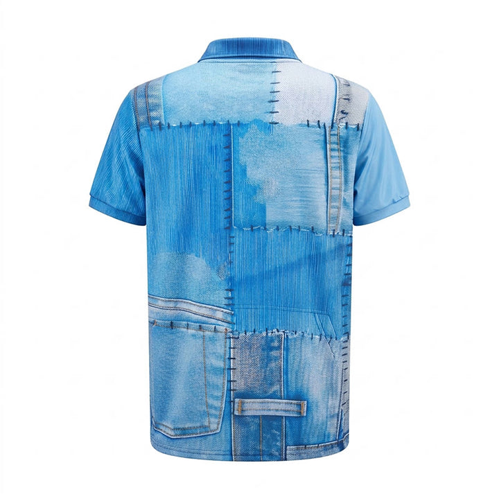 Polo rétro bleu denim patchwork imprimé 3D à col zippé - image 9