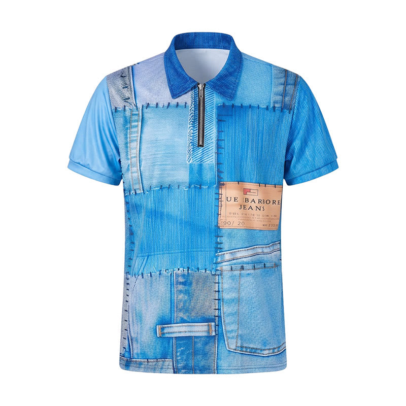 Polo rétro bleu denim patchwork imprimé 3D à col zippé - image 8