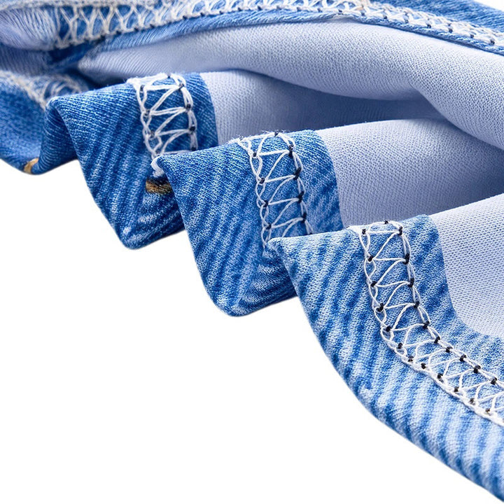 Polo rétro bleu denim patchwork imprimé 3D à col zippé - image 6