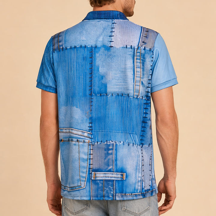Polo rétro bleu denim patchwork imprimé 3D à col zippé - image 2