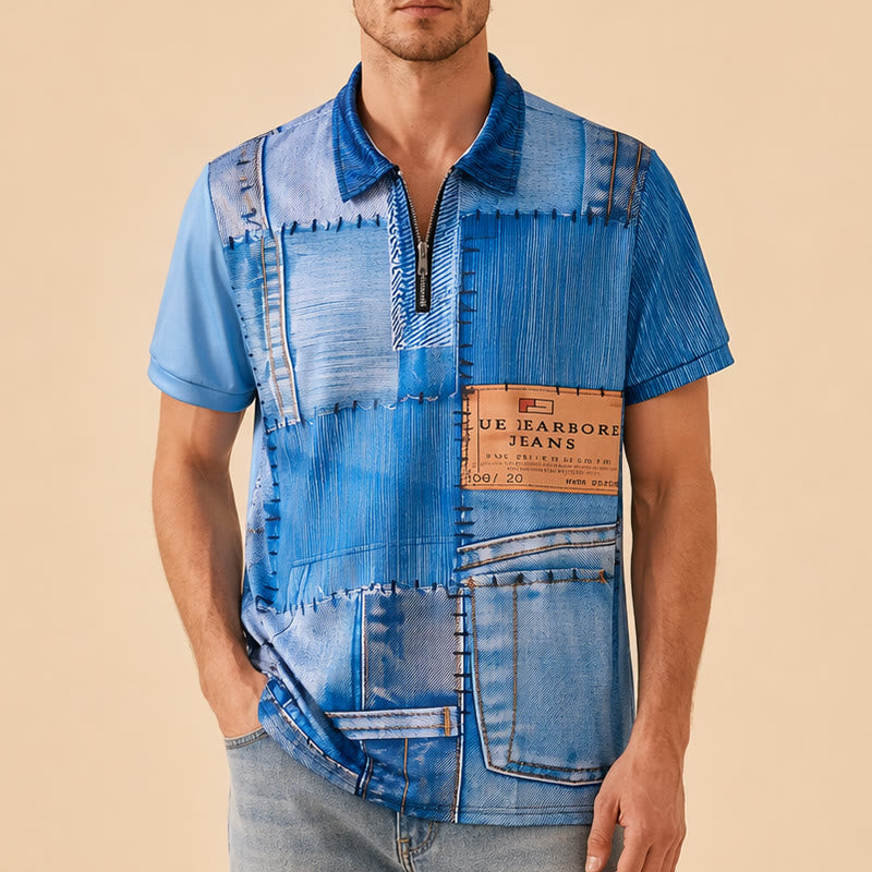 Polo rétro bleu denim patchwork imprimé 3D à col zippé - image 1