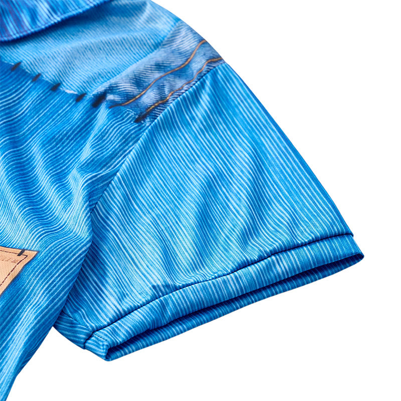 Polo rétro bleu denim patchwork imprimé 3D à col zippé - image 7