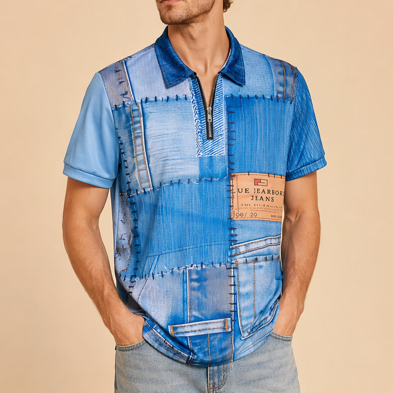 Polo rétro bleu denim patchwork imprimé 3D à col zippé - image 3