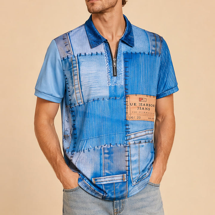 Polo rétro bleu denim patchwork imprimé 3D à col zippé - image 3