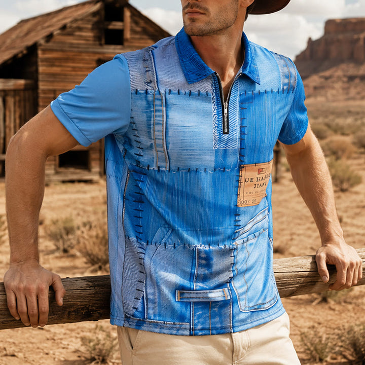 Polo rétro bleu denim patchwork imprimé 3D à col zippé - Bleu - 6XL - image 0