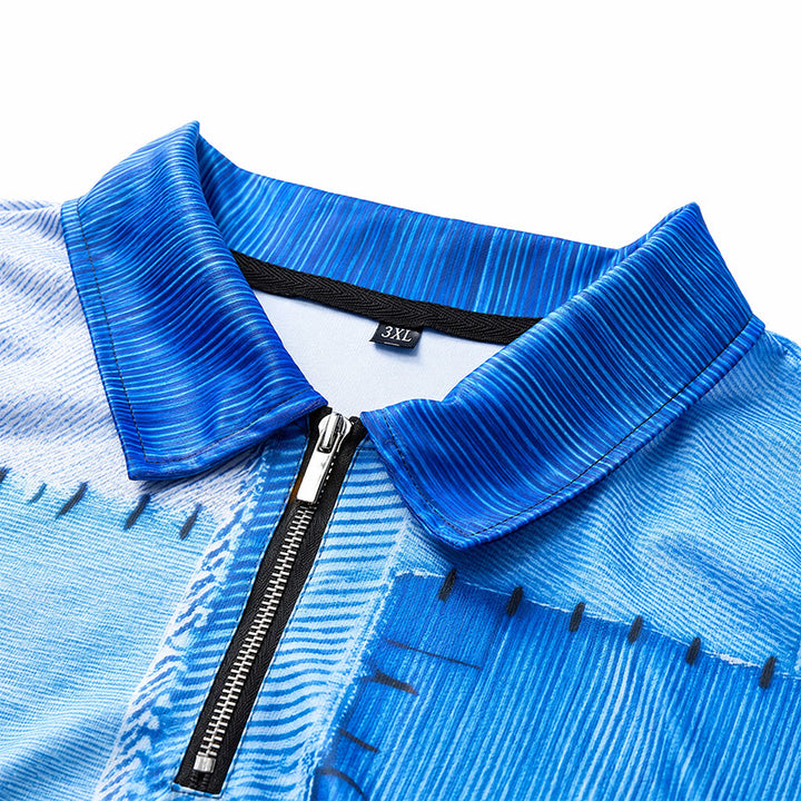 Polo rétro bleu denim patchwork imprimé 3D à col zippé - image 4