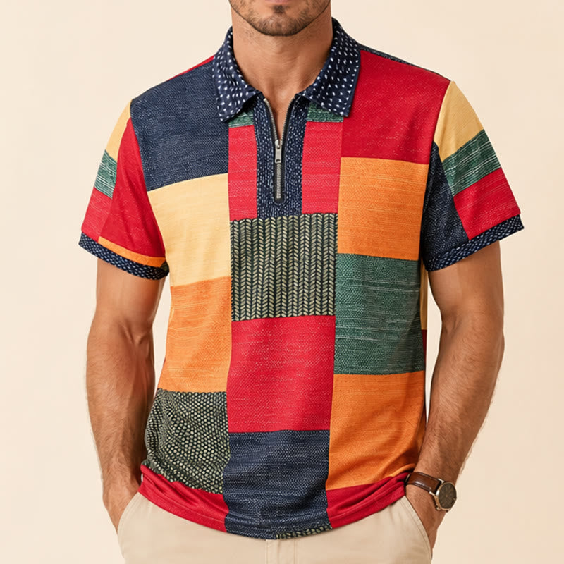 Polo à col zippé imprimé 3D style streetwear et couleurs contrastées - image 1