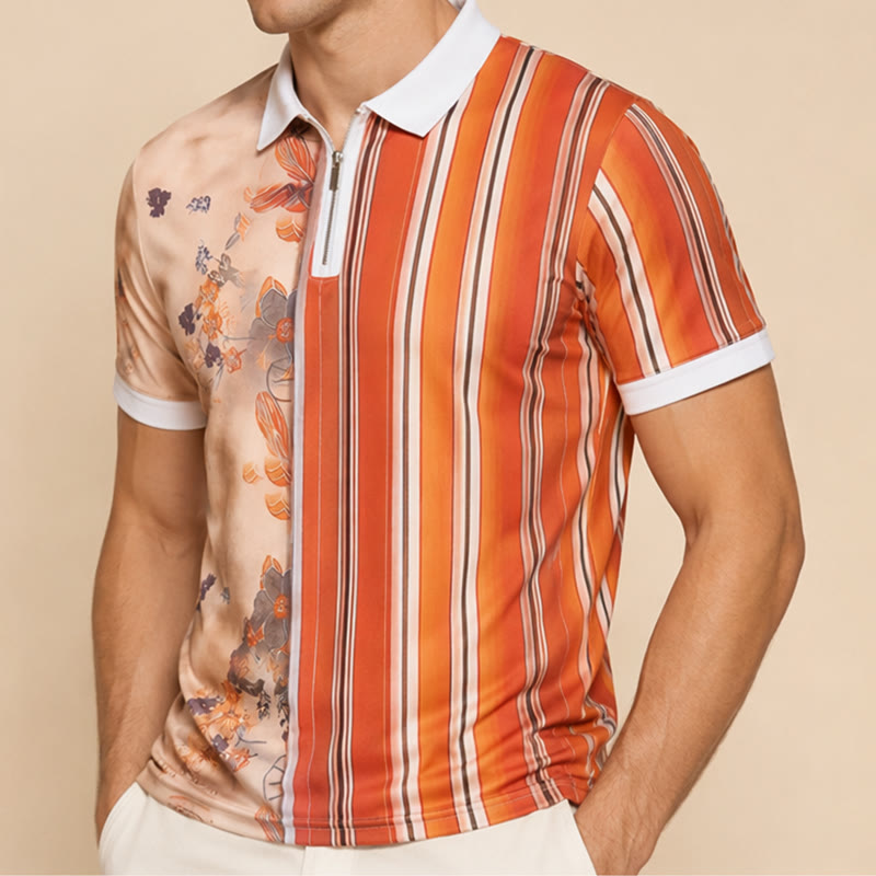 Polo à col zippé, imprimé 3D à rayures florales et motif fendu - image 3