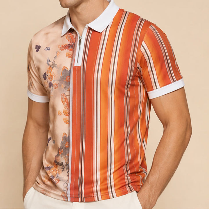 Polo à col zippé, imprimé 3D à rayures florales et motif fendu - image 3