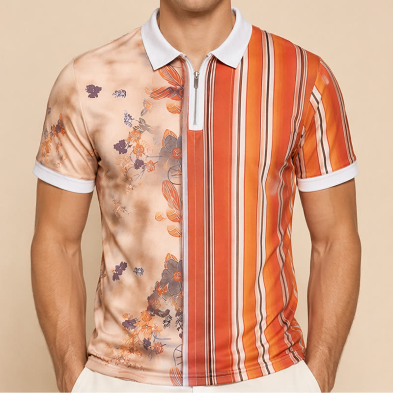 Polo à col zippé, imprimé 3D à rayures florales et motif fendu - image 1