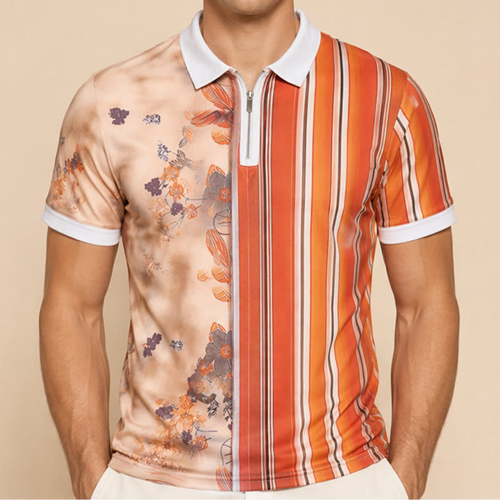 Polo à col zippé, imprimé 3D à rayures florales et motif fendu - image 1