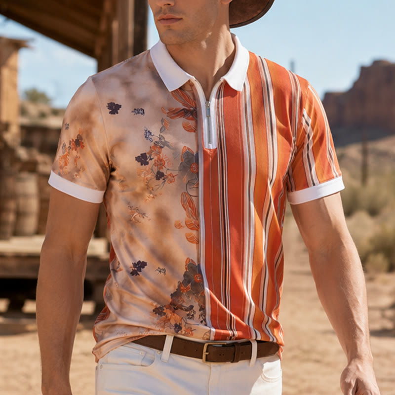Polo à col zippé, imprimé 3D à rayures florales et motif fendu - Orange - 5XL - image 0