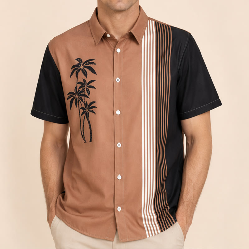 Chemise hawaïenne décontractée pour homme, motif palmiers et blocs de couleurs - image 1