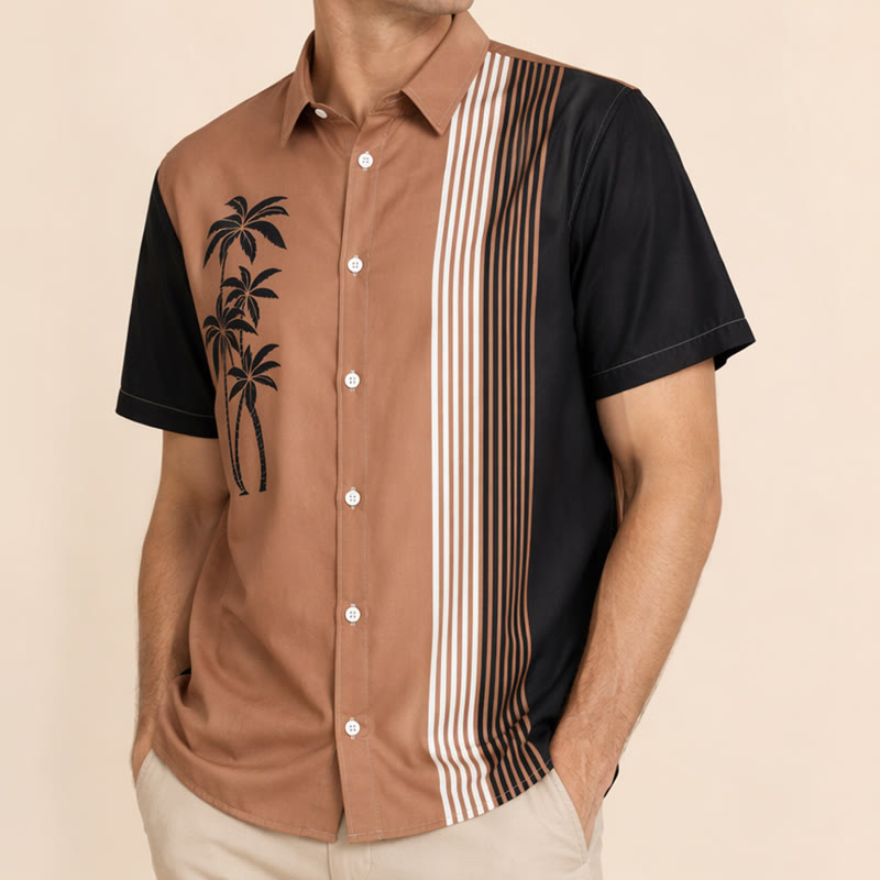Chemise hawaïenne décontractée pour homme, motif palmiers et blocs de couleurs - image 3