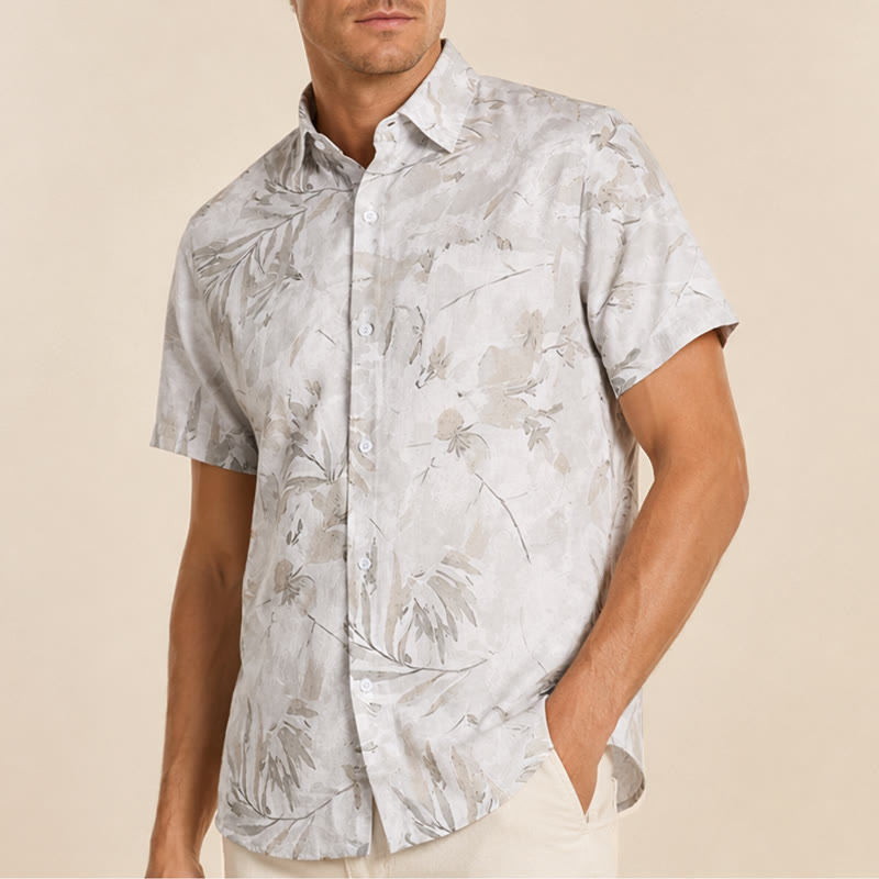 Chemise décontractée pour homme, style vintage, grise, à imprimé floral et feuilles, style clair et mature. - image 3