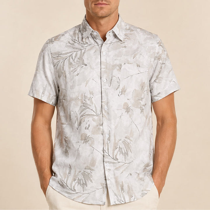 Chemise décontractée pour homme, style vintage, grise, à imprimé floral et feuilles, style clair et mature. - image 1
