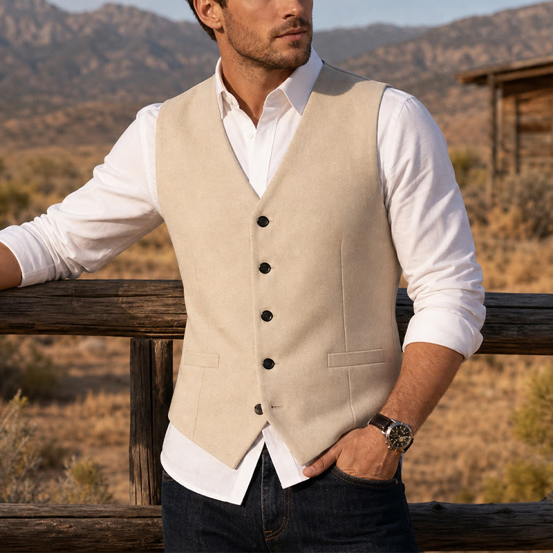 Gilet de cérémonie en lin à col en V pour garçons d'honneur, mariage à la plage - Beige - 3XL - image 4