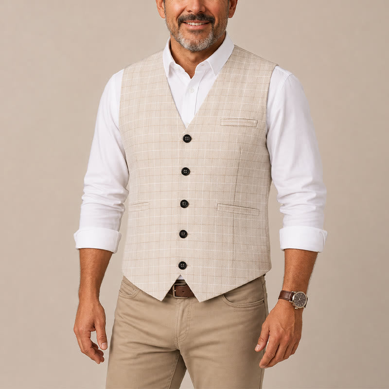 Gilet de costume pour homme à carreaux kaki clair - image 1