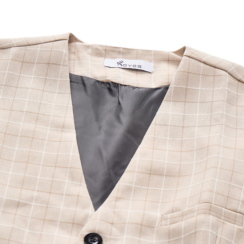 Gilet de costume pour homme à carreaux kaki clair - image 4