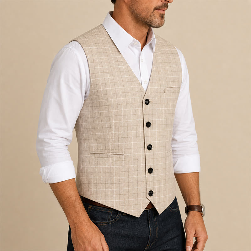 Gilet de costume pour homme à carreaux kaki clair - image 3