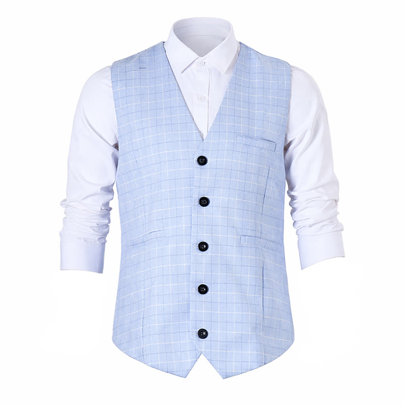 Gilet de costume bleu clair à carreaux col V pour garçons d'honneur - image 9
