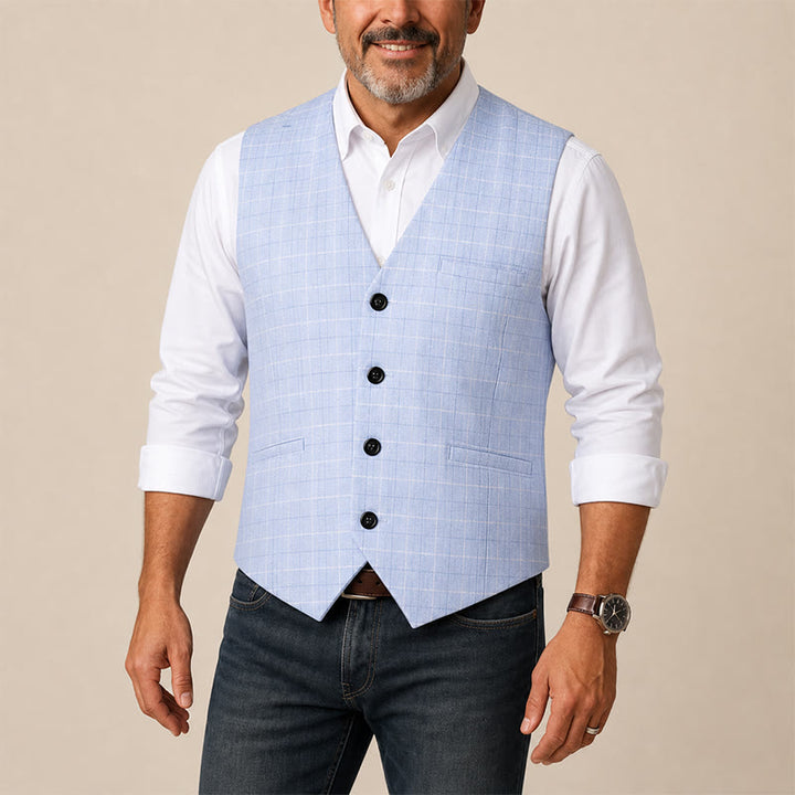 Gilet de costume bleu clair à carreaux col V pour garçons d'honneur - image 1
