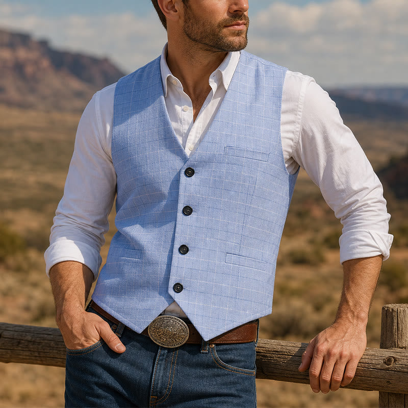 Gilet de costume bleu clair à carreaux col V pour garçons d'honneur - Bleu clair - 3XL - image 0