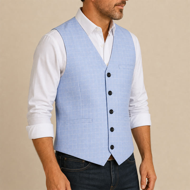 Gilet de costume bleu clair à carreaux col V pour garçons d'honneur - image 3