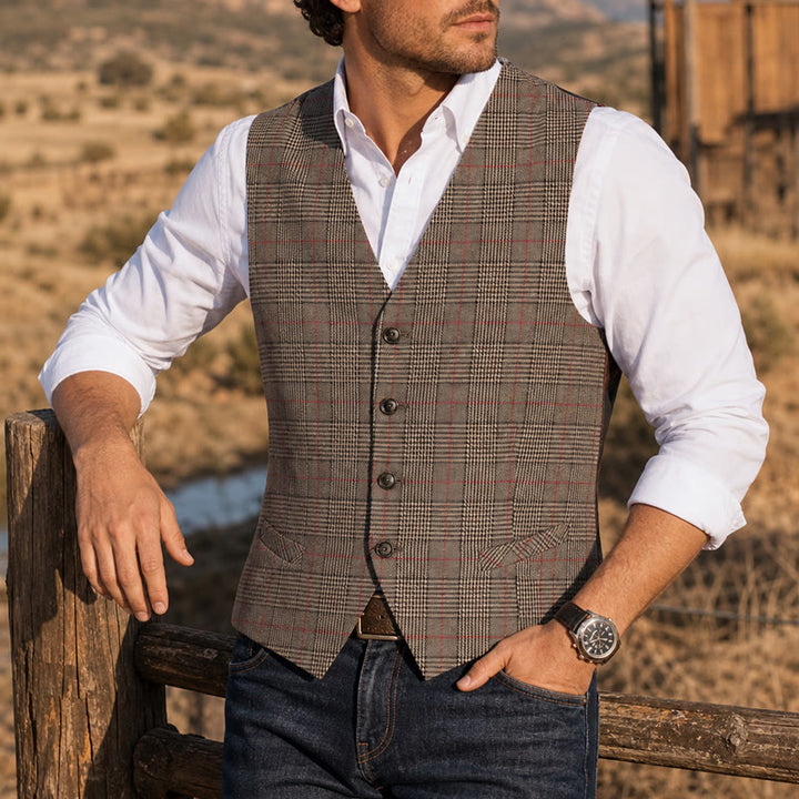 Gilet de costume à carreaux col en V style vintage - Brun - 3XL - image 0