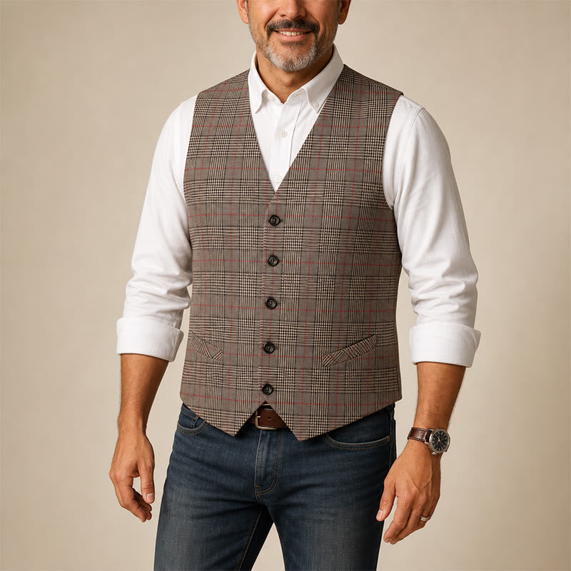 Gilet de costume à carreaux col en V style vintage - image 1