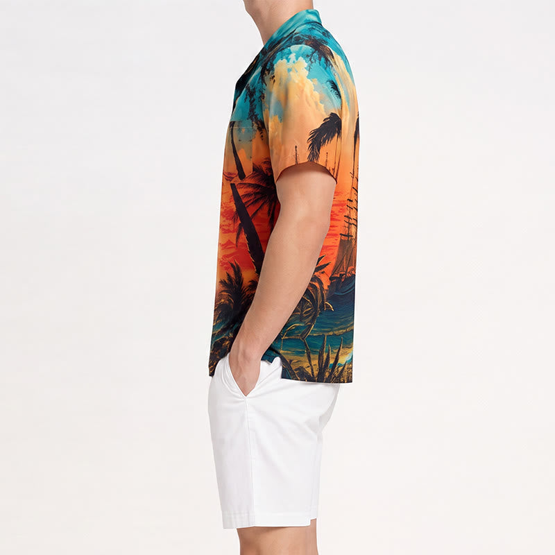 Chemise imprimée pour homme, thème coucher de soleil tropical, idéale pour les voyages d'été sur la plage. - image 2