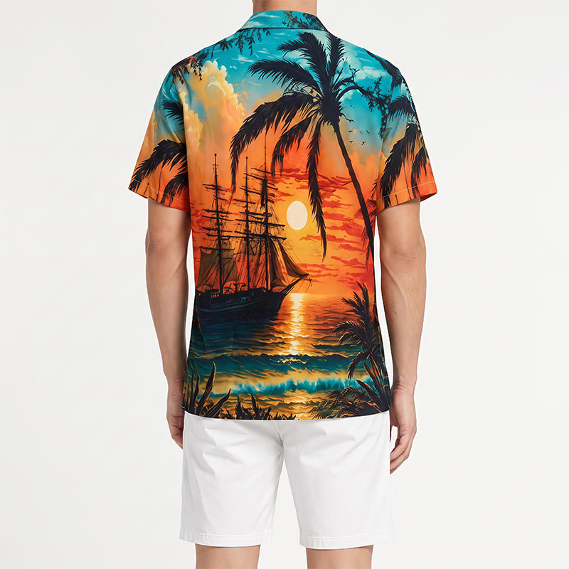 Chemise imprimée pour homme, thème coucher de soleil tropical, idéale pour les voyages d'été sur la plage. - image 3