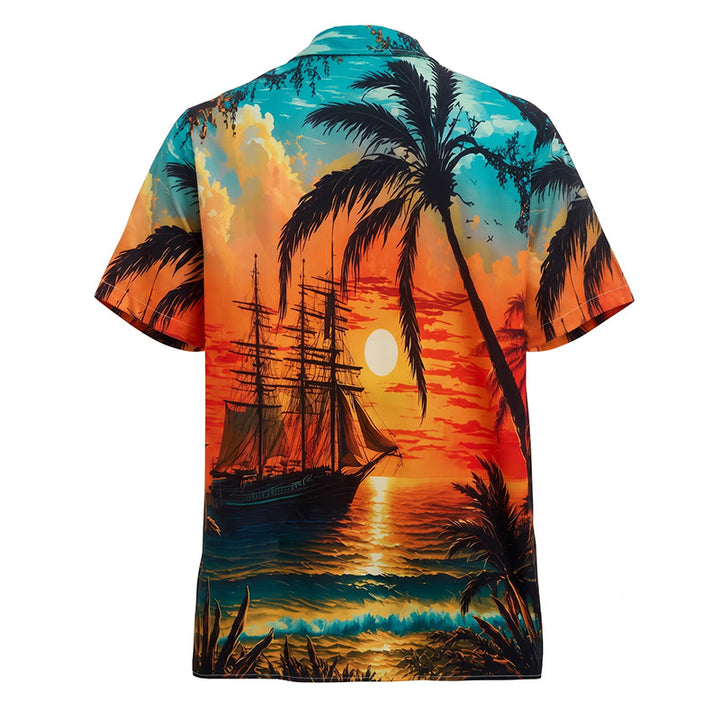Chemise imprimée pour homme, thème coucher de soleil tropical, idéale pour les voyages d'été sur la plage. - image 10
