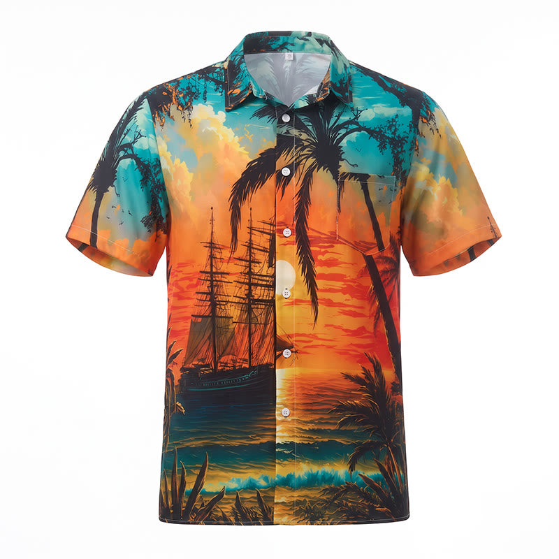 Chemise imprimée pour homme, thème coucher de soleil tropical, idéale pour les voyages d'été sur la plage. - image 9