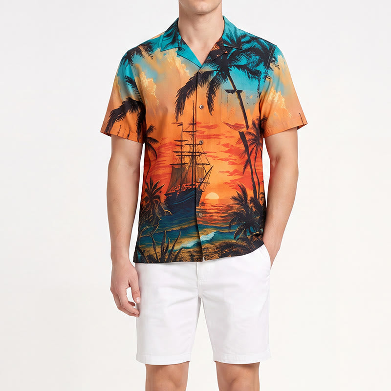 Chemise imprimée pour homme, thème coucher de soleil tropical, idéale pour les voyages d'été sur la plage. - image 1