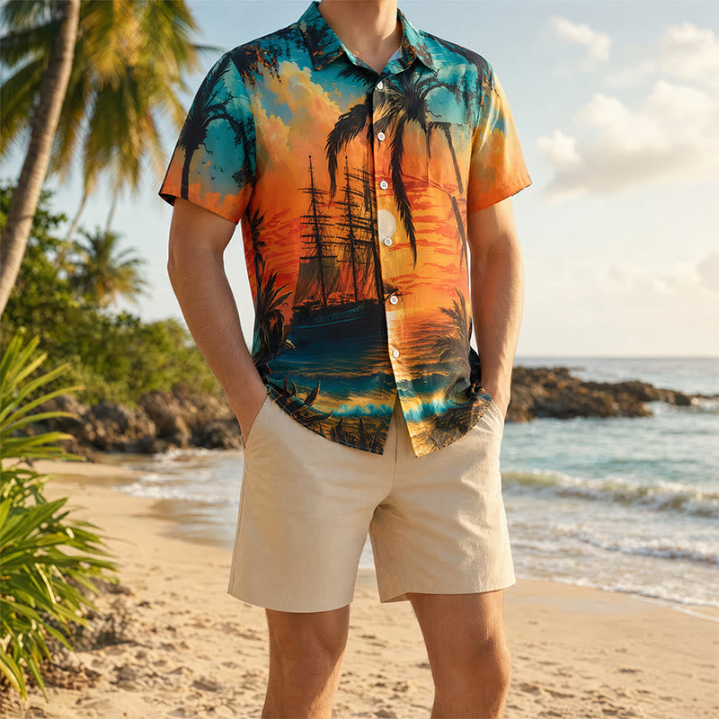 Chemise imprimée pour homme, thème coucher de soleil tropical, idéale pour les voyages d'été sur la plage. - Style n° 1 - 3XL - image 0