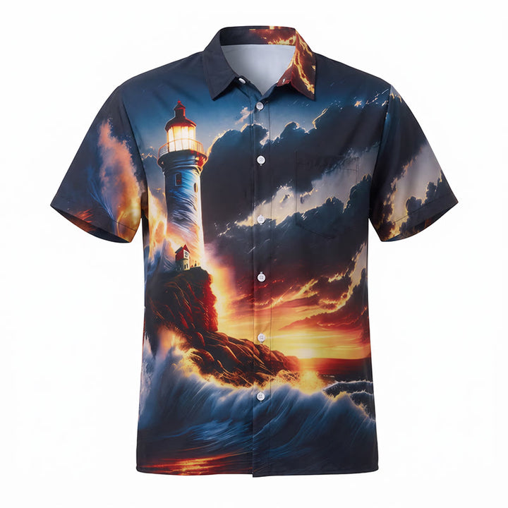 T-shirt imprimé 3D pour homme, motif coucher de soleil, phare et vagues, idéal pour les vacances d'été à l'océan. - image 9