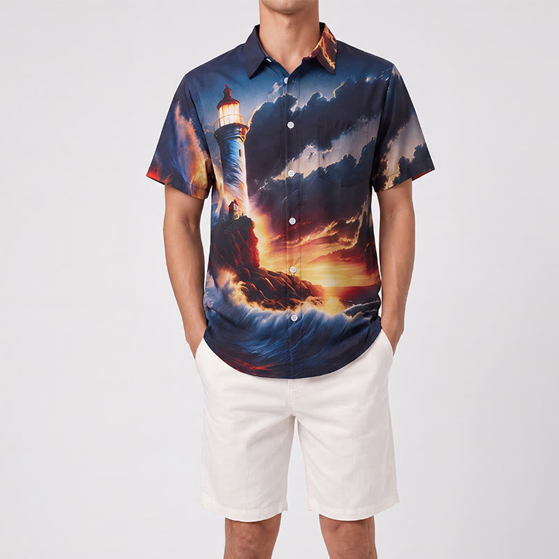 T-shirt imprimé 3D pour homme, motif coucher de soleil, phare et vagues, idéal pour les vacances d'été à l'océan. - image 1