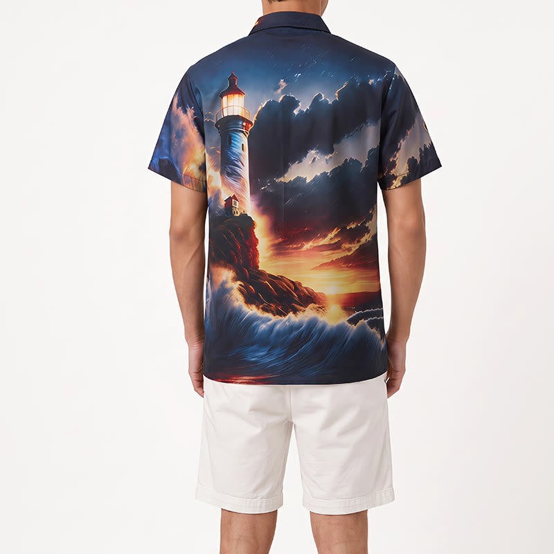 T-shirt imprimé 3D pour homme, motif coucher de soleil, phare et vagues, idéal pour les vacances d'été à l'océan. - image 3