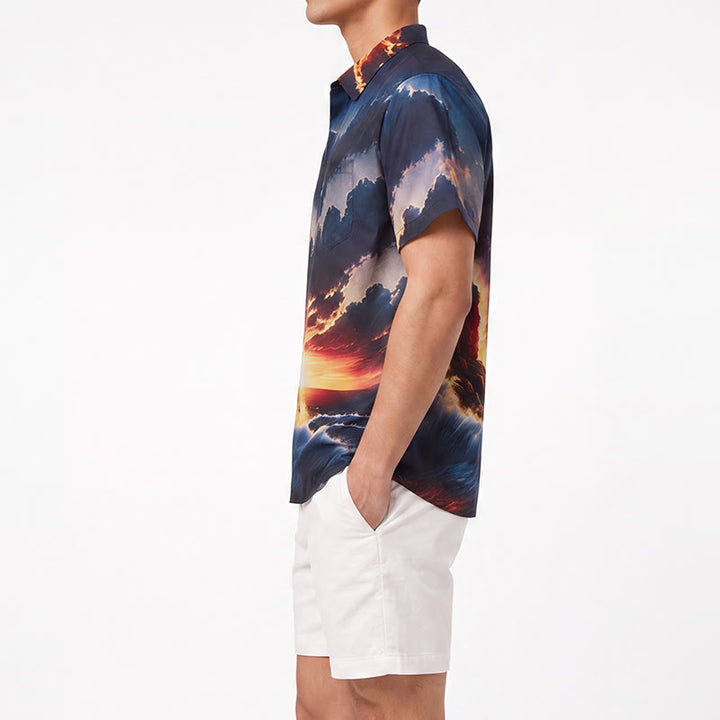 T-shirt imprimé 3D pour homme, motif coucher de soleil, phare et vagues, idéal pour les vacances d'été à l'océan. - image 2