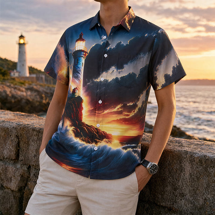 T-shirt imprimé 3D pour homme, motif coucher de soleil, phare et vagues, idéal pour les vacances d'été à l'océan. - Style n° 1 - 4XL - image 0