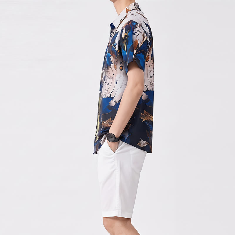 Chemise décontractée à boutons pour homme, imprimé feuilles bleu doré de luxe - image 2