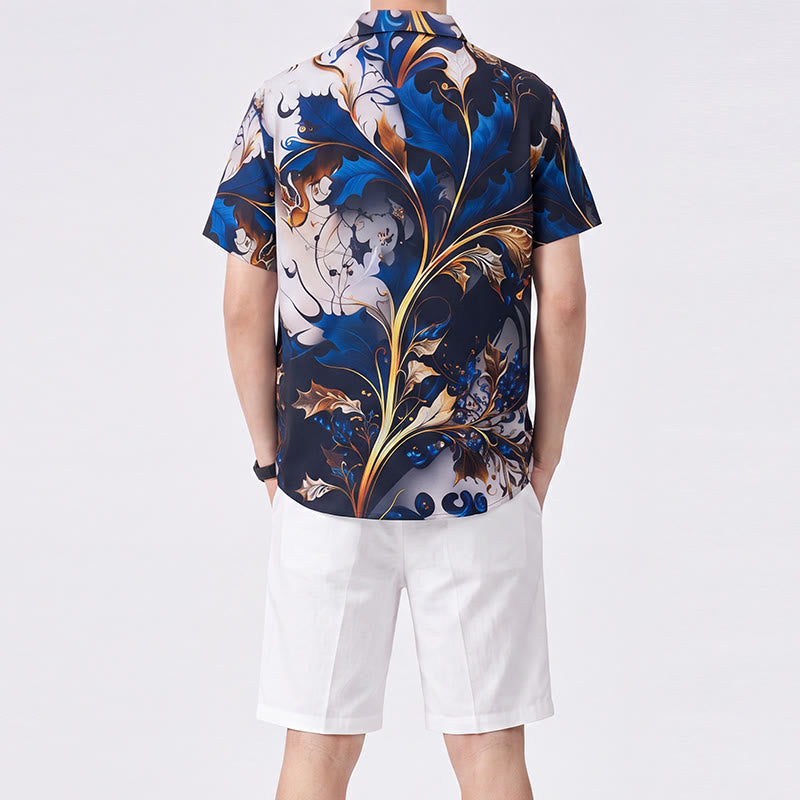 Chemise décontractée à boutons pour homme, imprimé feuilles bleu doré de luxe - image 3
