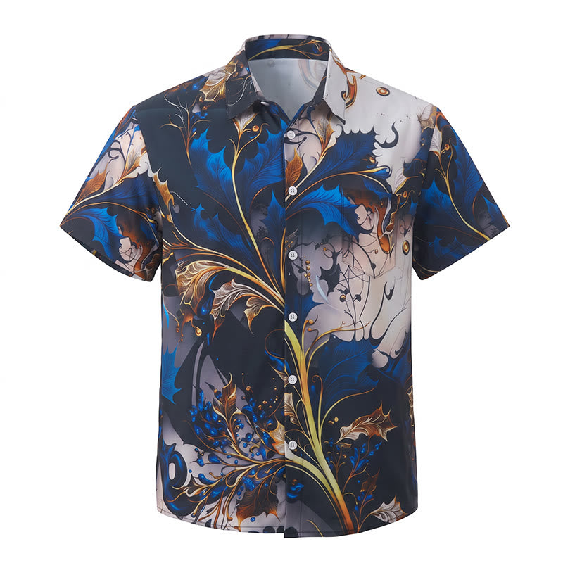 Chemise décontractée à boutons pour homme, imprimé feuilles bleu doré de luxe - image 10