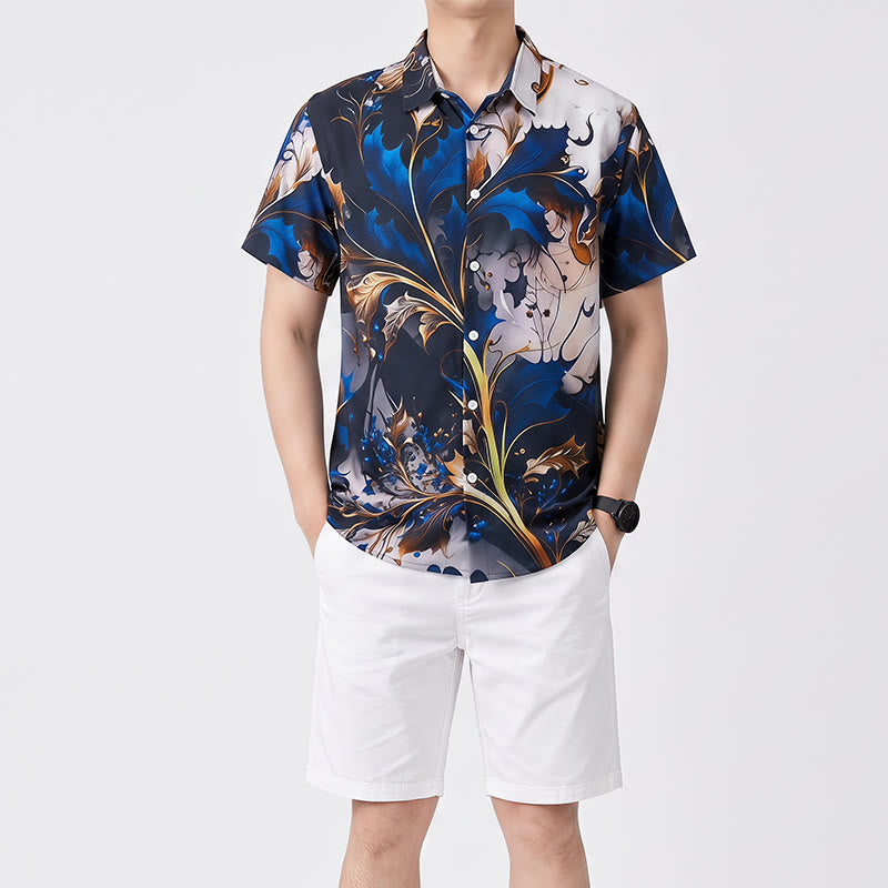 Chemise décontractée à boutons pour homme, imprimé feuilles bleu doré de luxe - image 1