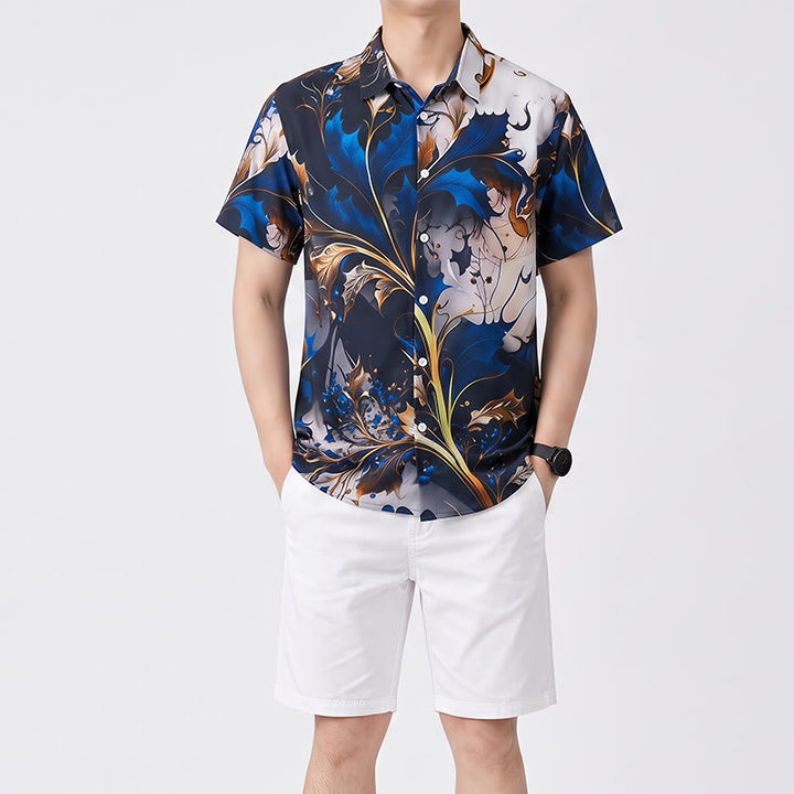 Chemise décontractée à boutons pour homme, imprimé feuilles bleu doré de luxe - image 1