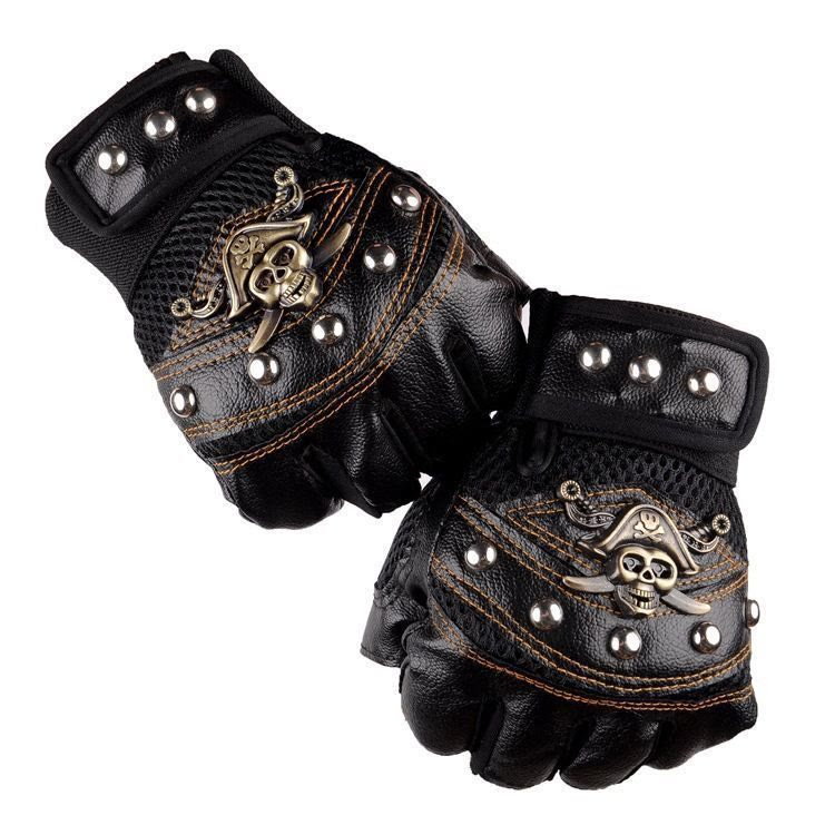 Gants d'extérieur en cuir à demi-doigts cloutés de crânes de pirate et de motard - Noir - Taille unique - image 0