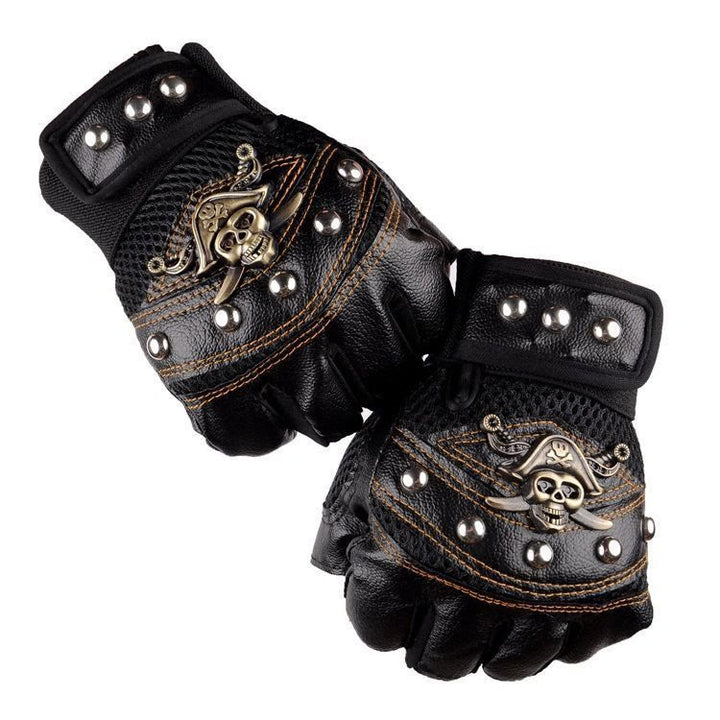 Gants d'extérieur en cuir à demi-doigts cloutés de crânes de pirate et de motard - Noir - Taille unique - image 0
