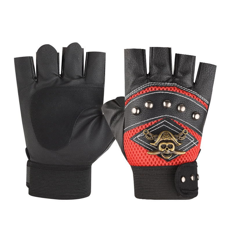 Gants d'extérieur en cuir à demi-doigts cloutés de crânes de pirate et de motard - Rouge - Taille unique - image 7